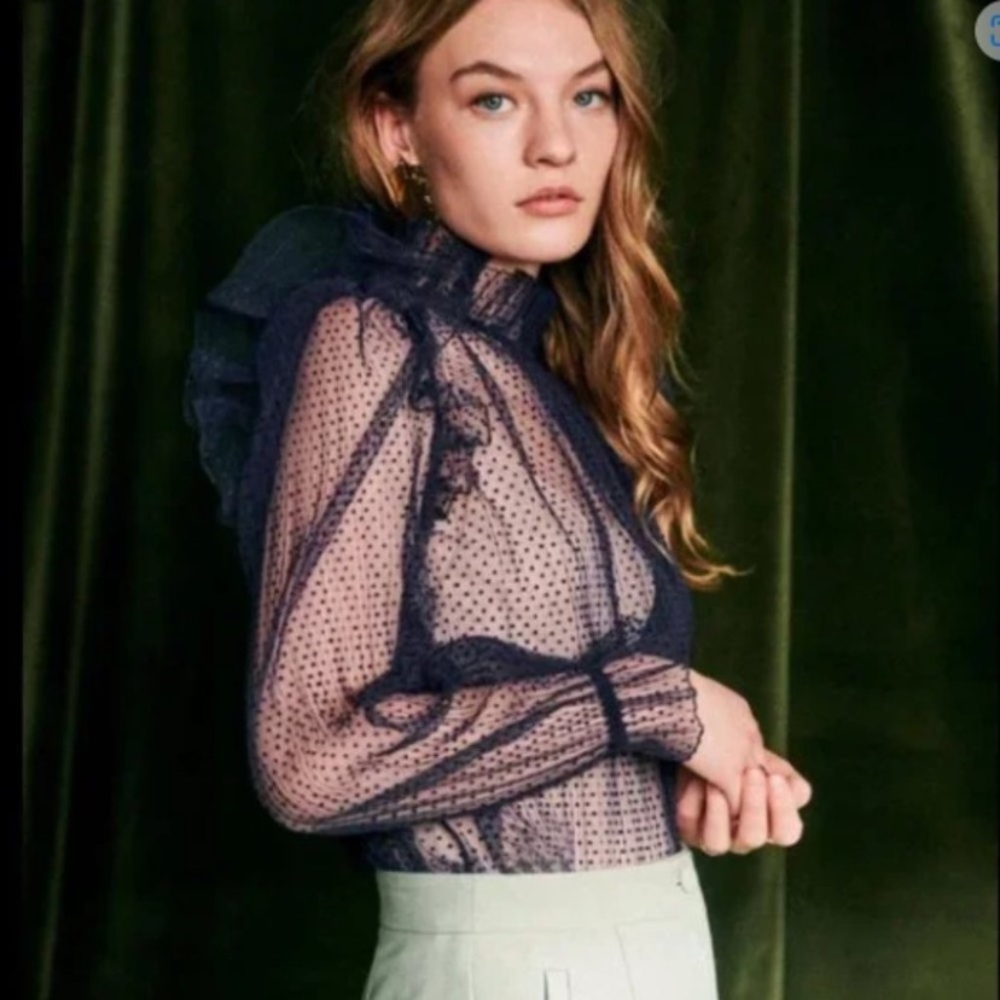 Sezane Tilda Sheer Tulle Swiss Dot Ruffled Blouse  Size FR36